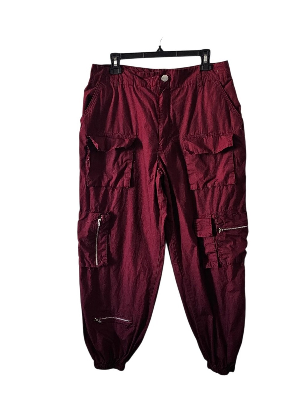 Rachel Paige Cargo Pants L Burgundy Wine Red Y2K Utility Multi Pocket Zipper